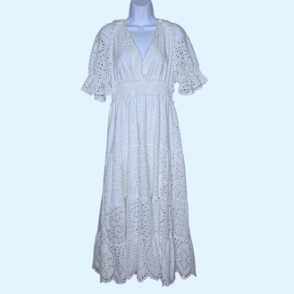 Beulah White Eyelet Tiered Midi Dress